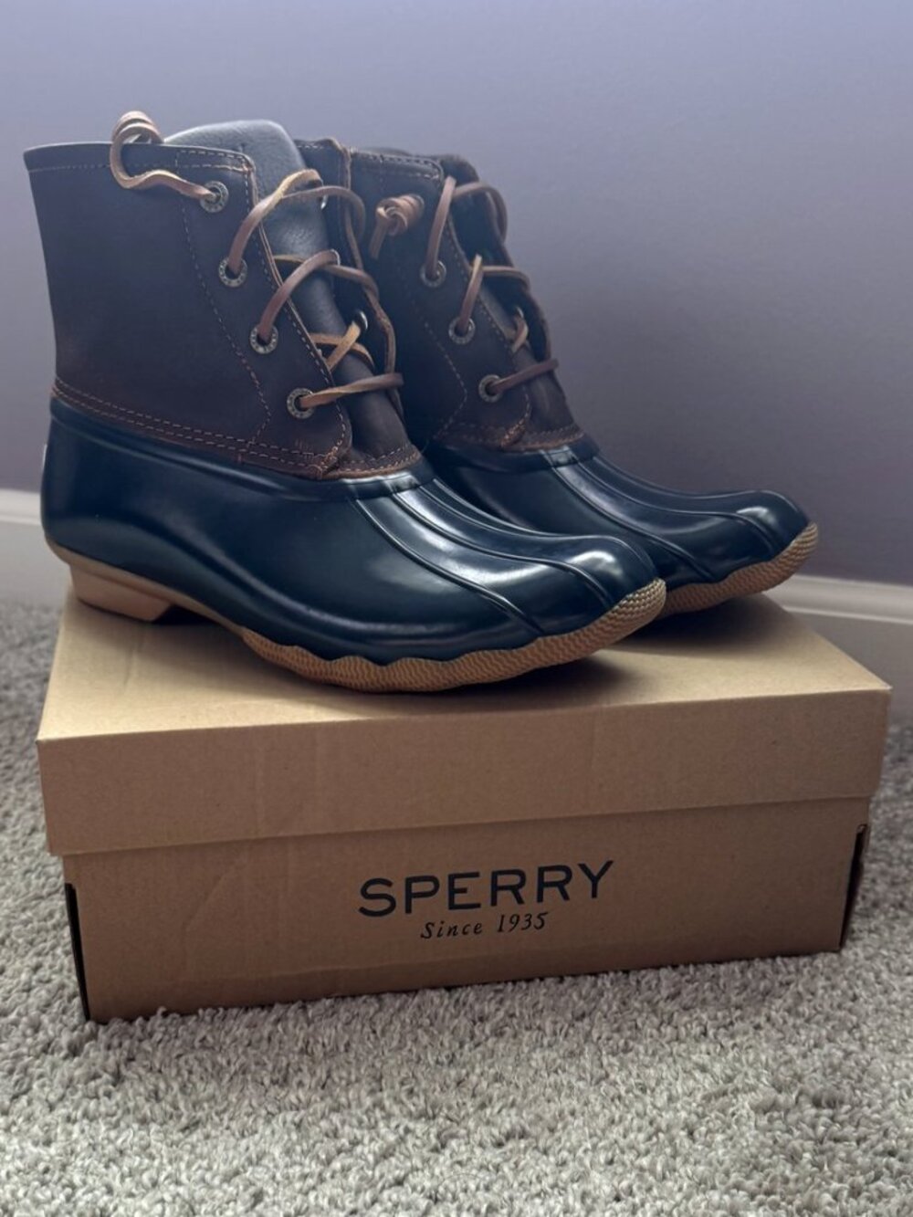 Sperry Saltwater Duck Boots Women's 7 Tan Navy Rain Boots NWT